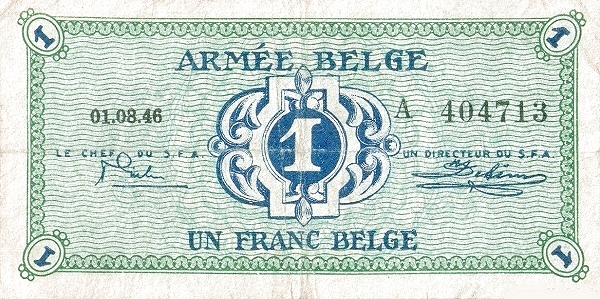 1 Franc Belge / Belgische Frank BEF Banknote (1946 Military Payment Certificates Issue) 1946