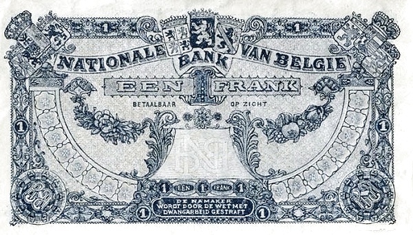 1 Franc / Frank BEF Banknote (World War I Issue) 1920-1922 (reverse)