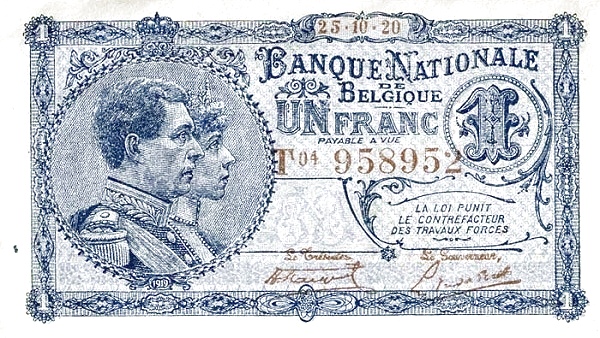 1 Franc / Frank BEF Banknote (World War I Issue) 1920-1922