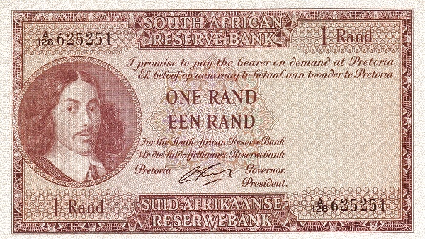 1 South African Rand Banknote (Van Riebeeck Large Type)
