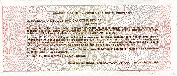 10.000 Australes ARG Banknote (Standard Issue) 1992 (reverse)
