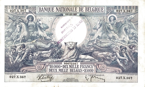 10.000 Francs / Frank BEF Banknote (World War I Issue) 1929-1942