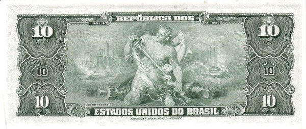 10 Brazilian Cruzeiros Banknote (Getulio Vargas Blue Type) (reverse)