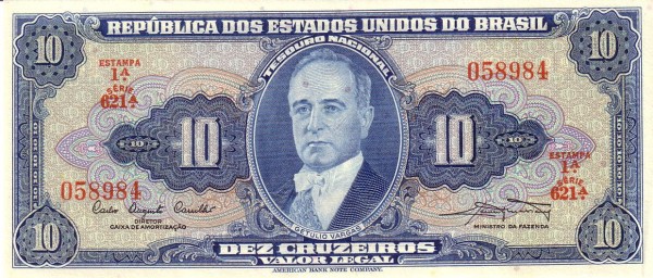 10 Brazilian Cruzeiros Banknote (Getulio Vargas Blue Type)