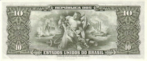 10 Brazilian Cruzeiros Banknote (Getulio Vargas Green Type) (reverse)