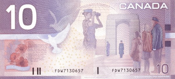 10 Dollars CAN Banknote (2001-2006 Canadian Journey Issue) 2000-2004 (reverse)