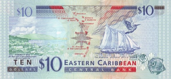 10 Dollars XCD Banknote (2008 'Without Suffix Letters for Member States' Issue) 2008 (reverse)