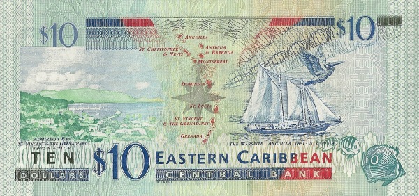 10 Dollars XCD Banknote (2012–2015 'Marks for the Blind' Issue) 2012 (reverse)