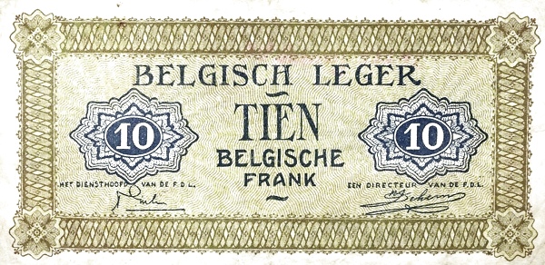 10 Francs Belges / Belgische Frank BEF Banknote (1946 Military Payment Certificates Issue) 1946 (reverse)