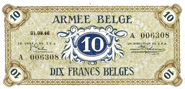 10 Francs Belges / Belgische Frank BEF Banknote (1946 Military Payment Certificates Issue) 1946