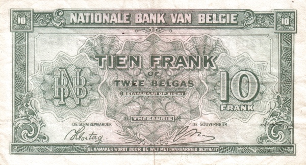 10 Francs / Frank  BEF Banknote (Interwar Period Issue) 1943 (reverse)
