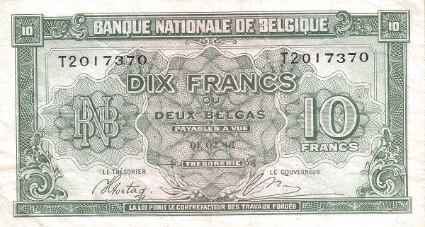 10 Francs / Frank  BEF Banknote (Interwar Period Issue) 1943