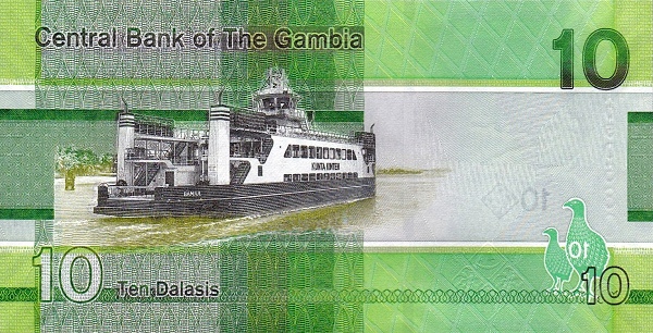 10 Gambian Dalasis Banknote (Ferry) (reverse)