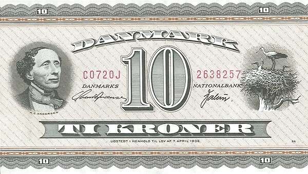 10 Kroner DNK Banknote (Classic Nationalbank Issue) 1954-1974