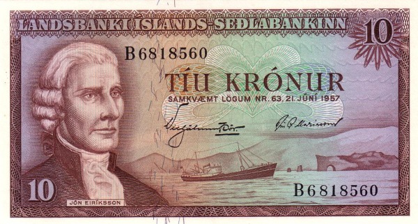 10 Krónur ISL Banknote (Sedlabanki Islands Early Issue) 1957