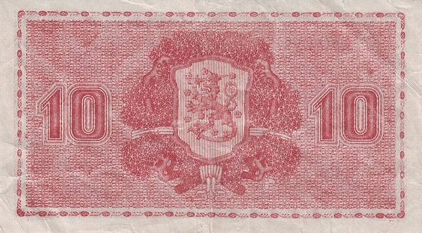 10 Markkaa / Mark FIN Banknote (Post-WWII Markka Issue) 1945 (reverse)