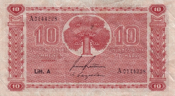 10 Markkaa / Mark FIN Banknote (Post-WWII Markka Issue) 1945