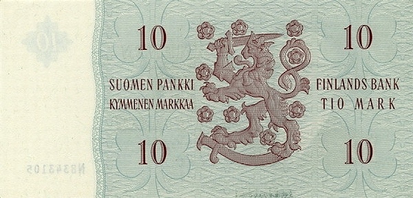 10 Markkaa / Mark FIN Banknote (Post-WWII Markka Issue) 1963 (reverse)