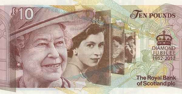 10 Pounds Sterling GBR Banknote (Royal Bank of Scotland Issue) 2012 (reverse)