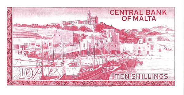 10 Shillings MLT Banknote (Central Bank of Malta - Elizabeth II) 1967 (reverse)