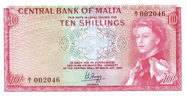 10 Shillings MLT Banknote (Central Bank of Malta - Elizabeth II) 1967