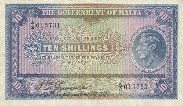 10 Shillings MLT Banknote (George V Issue) 1939