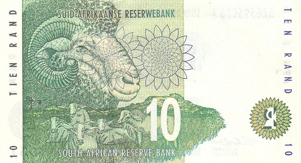 10 South African Rand Banknote (Rhino Type 1993) (reverse)