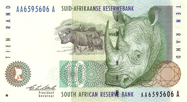 10 South African Rand Banknote (Rhino Type 1993)