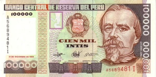 100.000 Intis PER Banknote (Standard Issue) 1989