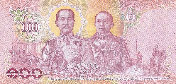 100 Baht THB Banknote (Standard Issue) 2018 (reverse)
