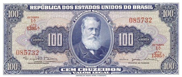 100 Brazilian Cruzeiros Banknote (Dom Pedro Ii Blue Type)
