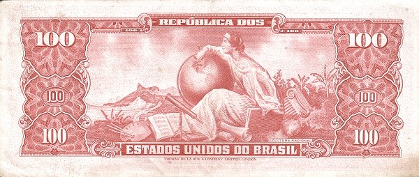 100 Brazilian Cruzeiros Banknote (Dom Pedro Ii Red Type) (reverse)