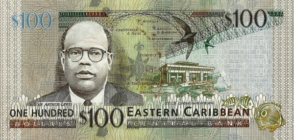 100 Dollars XCD Banknote (2012–2015 'Marks for the Blind' Issue) 2012 (reverse)