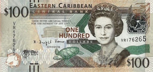 100 Dollars XCD Banknote (2012–2015 'Marks for the Blind' Issue) 2012