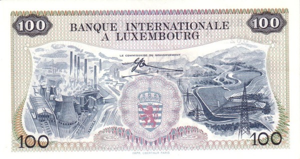 100 Francs Banknote (Banque Internationale A Luxembourg 1968) (reverse)