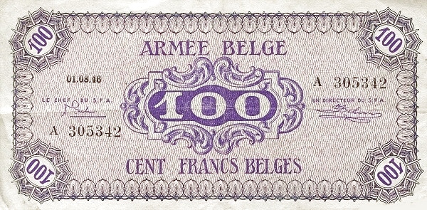 100 Francs Belges / Belgische Frank BEF Banknote (1946 Military Payment Certificates Issue) 1946