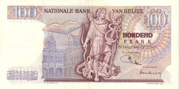 100 Francs / Frank BEF Banknote (Interwar Period Issue) 1962-1975 (reverse)