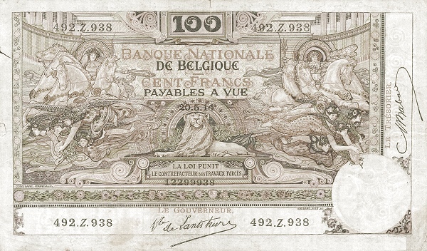 100 Francs / Frank BEF Banknote (Pre-World War I Issue) 1909-1914