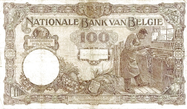 100 Francs / Frank BEF Banknote (World War I Issue) 1921-1927 (reverse)