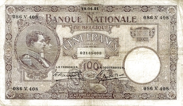 100 Francs / Frank BEF Banknote (World War I Issue) 1921-1927