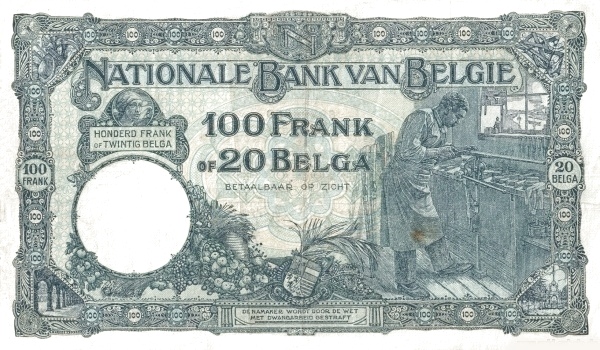100 Francs / Frank BEF Banknote (World War I Issue) 1927-1932 (reverse)