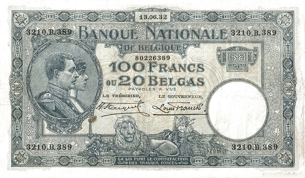 100 Francs / Frank BEF Banknote (World War I Issue) 1927-1932
