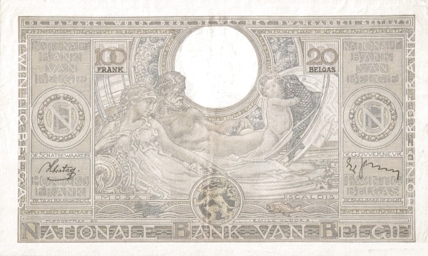 100 Francs / Frank BEF Banknote (World War I Issue) 1933-1943 (reverse)