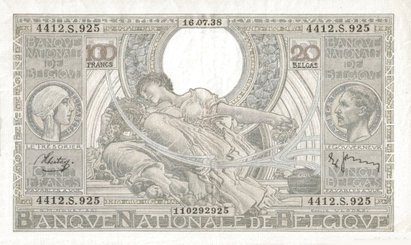 100 Francs / Frank BEF Banknote (World War I Issue) 1933-1943