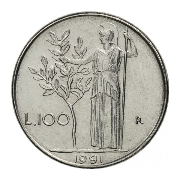 100 Italian Lire coin (Minerva large type) (reverse)