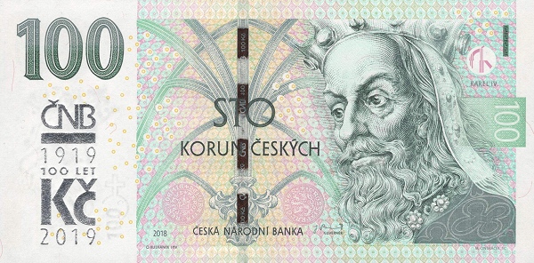 100 Korun Českých CZK Banknote (2019-2026 Commemorative Issue (Creation of Czech Koruna)) 2018