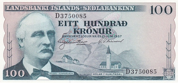 100 Krónur ISL Banknote (Sedlabanki Islands Early Issue) 1957