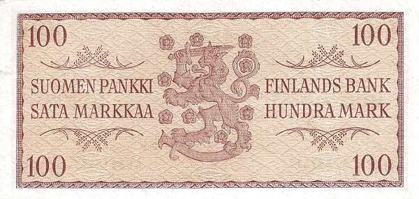 100 Markkaa / Mark FIN Banknote (Post-WWII Markka Issue) 1957 (reverse)