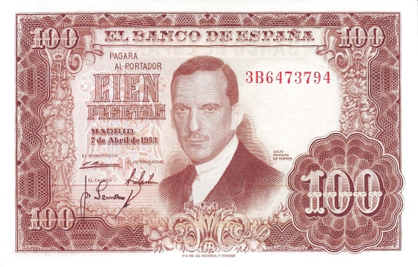 100 Pesetas ESP Banknote (Banco de España (Madrid Issue)) 1953