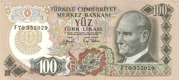 100 Türk Lirası TUR Banknote (Late Old Lira) 1970